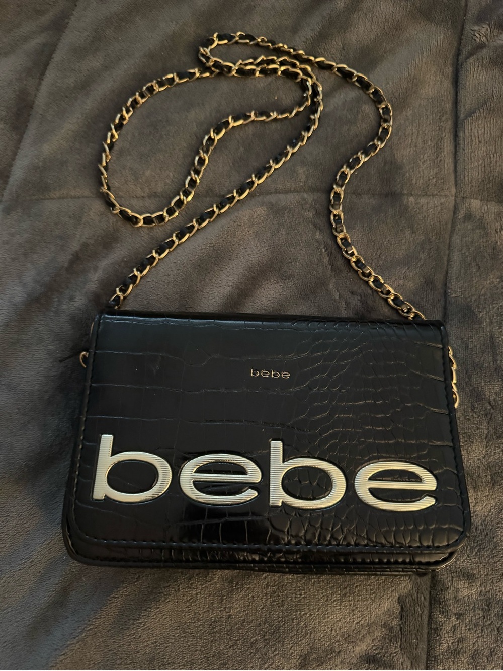 bebe Black Croc-Embossed Logo Chain Shoulder Bag
